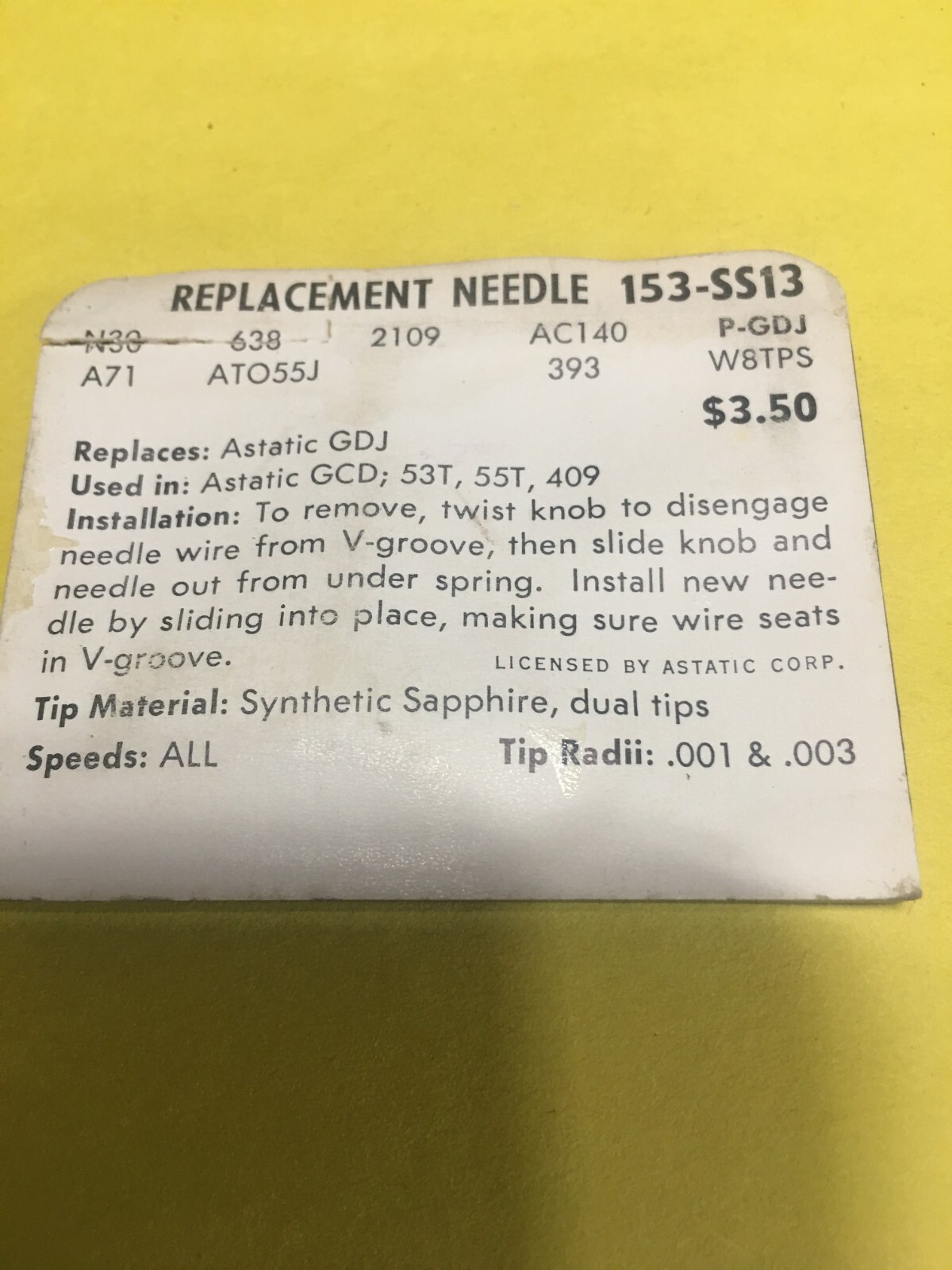 Original NOS Superb Needle Stylus 153-SS13 Fits ASTATIC GDJ GCD 53T 55T 409