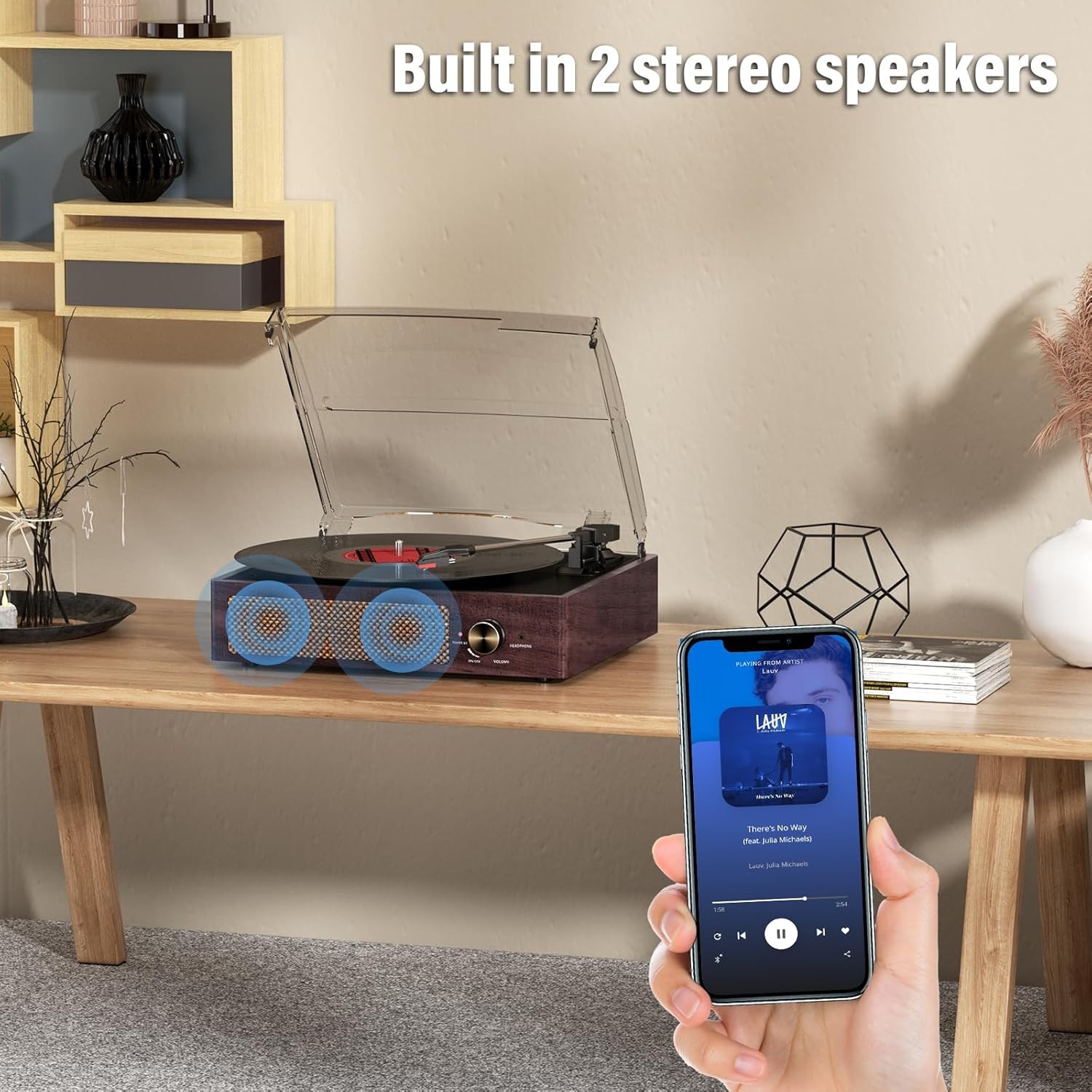 Vinyl Record Player Turntable with Built-in Bluetooth Receiver & 2 Brown