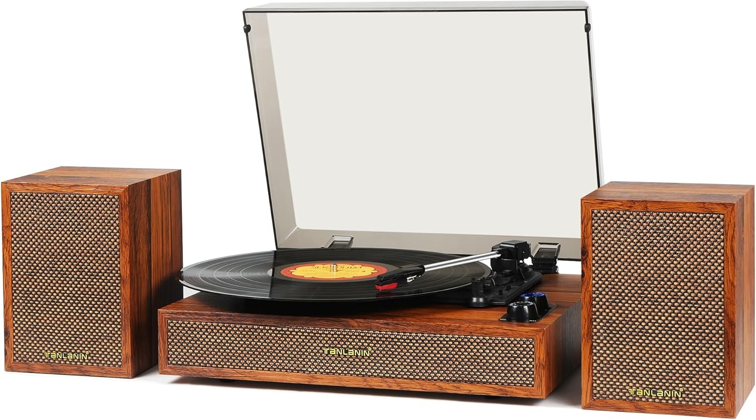 Vinyl Record Player with External Speakers, 3 Speed Bluetooth Light Brown