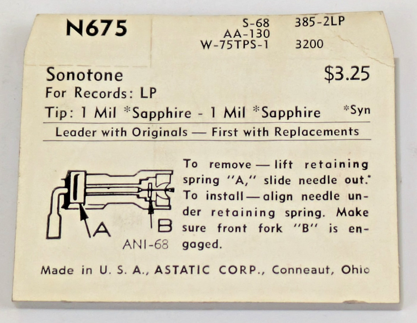 Astatic N675 Needle Record Player Stylus Sonotone S-68 AA-130 W-75TPS-1 385-2LP