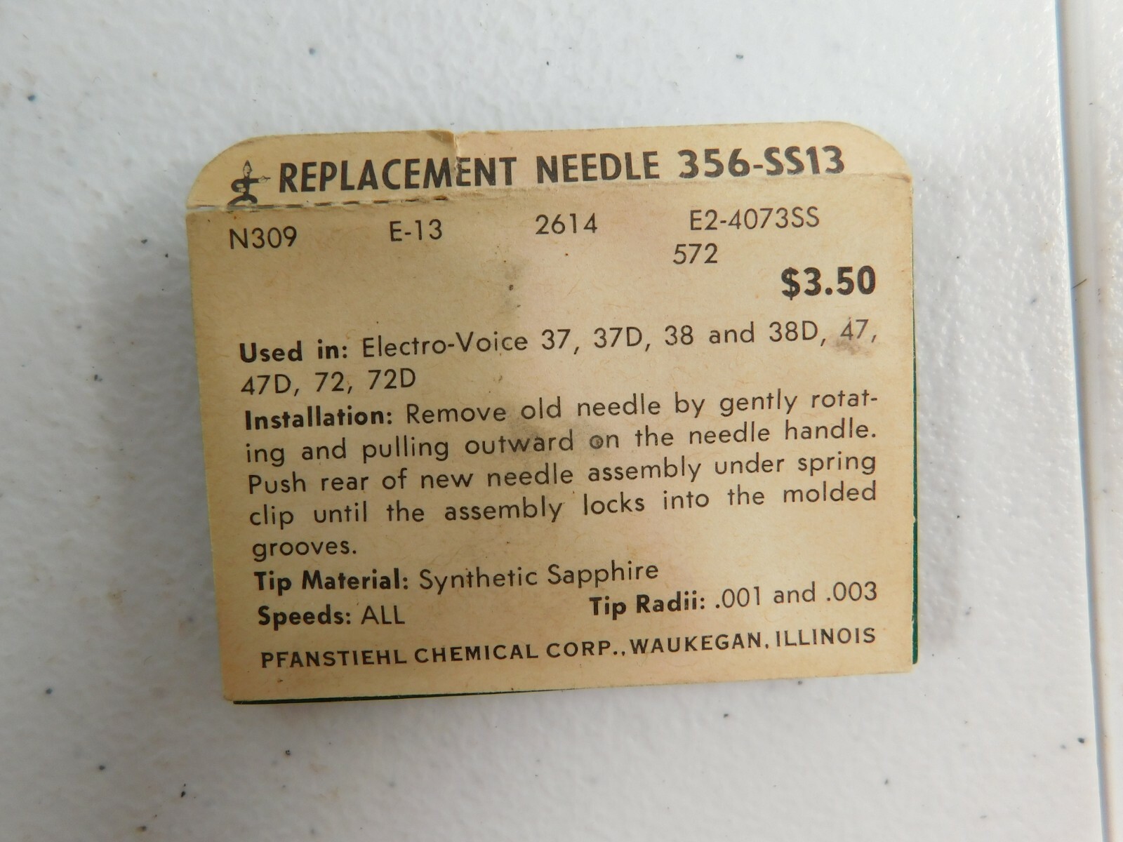 NOS Vintage Pfanstiehl Sapphire NEEDLE 356-SS13 Electro-Voice 37 37D 38D 47 72
