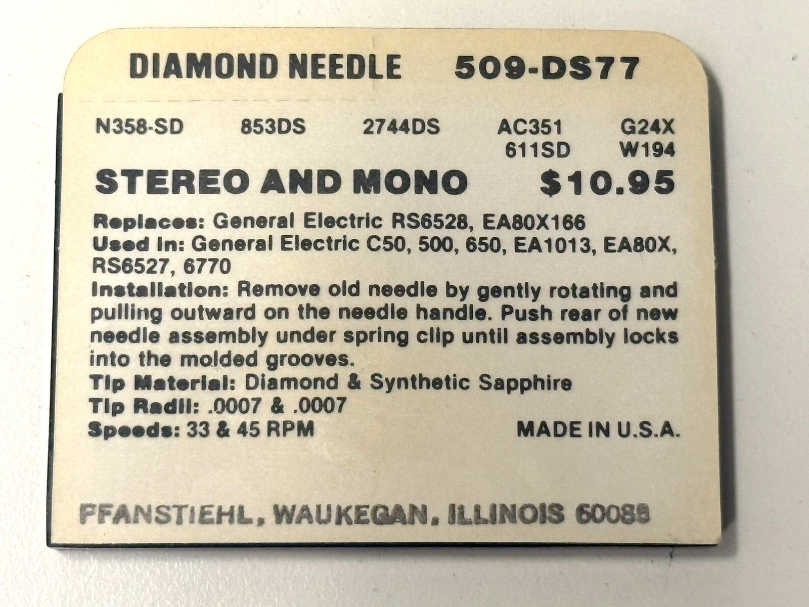 PFANSTIEHL 509-DS77 DIAMOND NEEDLE FOR GENERAL ELECTRIC CARTRIDGES STYLUS ONLY