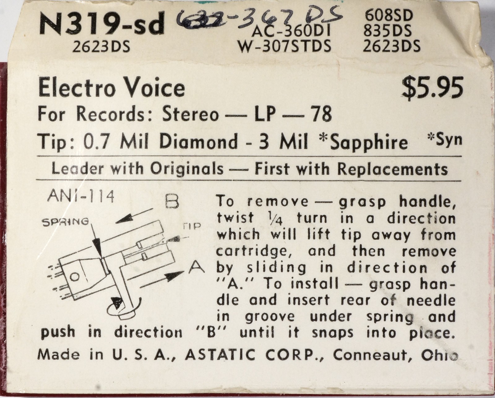 NOS Astatic N319-sd Diamond Needle for Electro-Voice 2623D 194 Cartridge