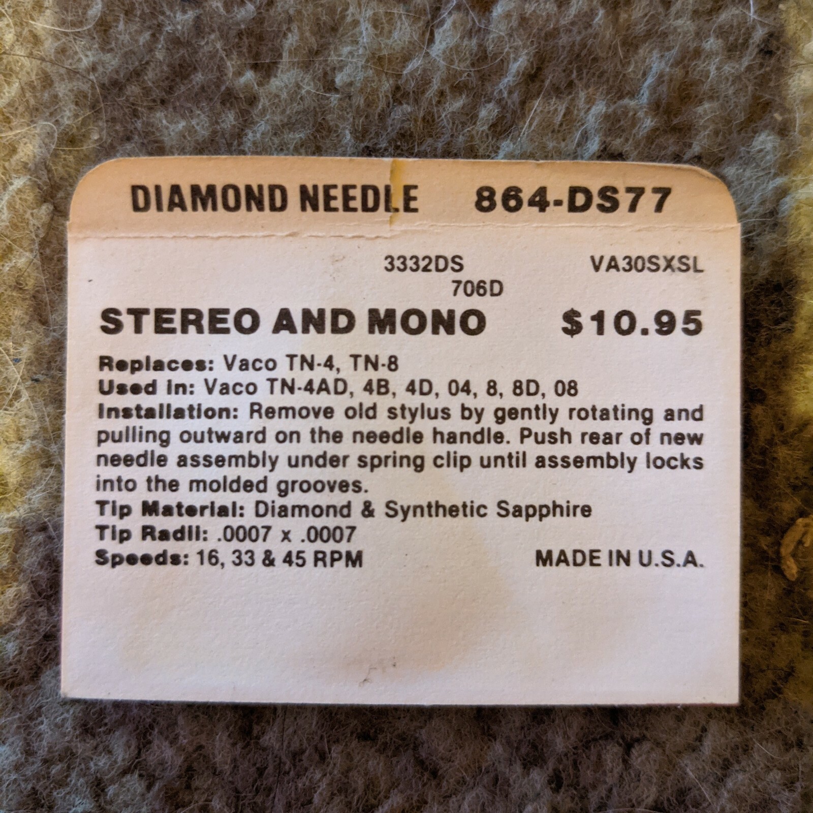 NEW Superb Diamond Needle 864-DS77 replaces Vaco TN-4, TN-8, Vaco TN-4AD, 4B, 4D