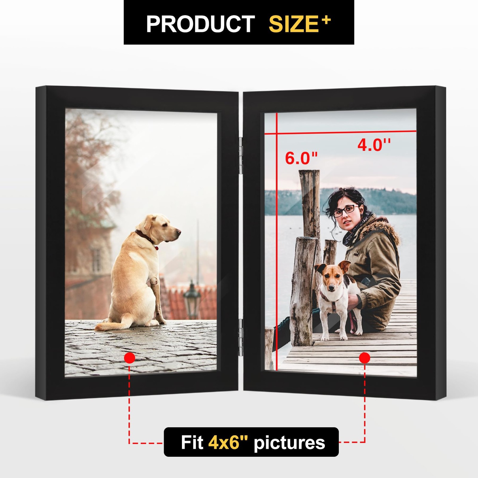 FOREV 4×6 Double Picture Frame Wooden Hinged Photo 4×6, Black
