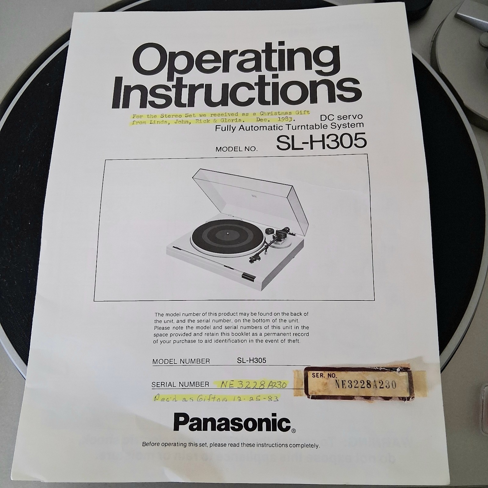 Panasonic Technics SL-H305 Turntable Parts Repair 3 New Styli Manual READ Info