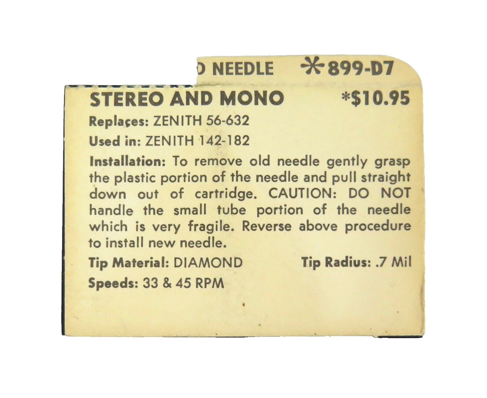 Zenith 899-D7 Stylus Diamond Needle for 56-632, 142-182