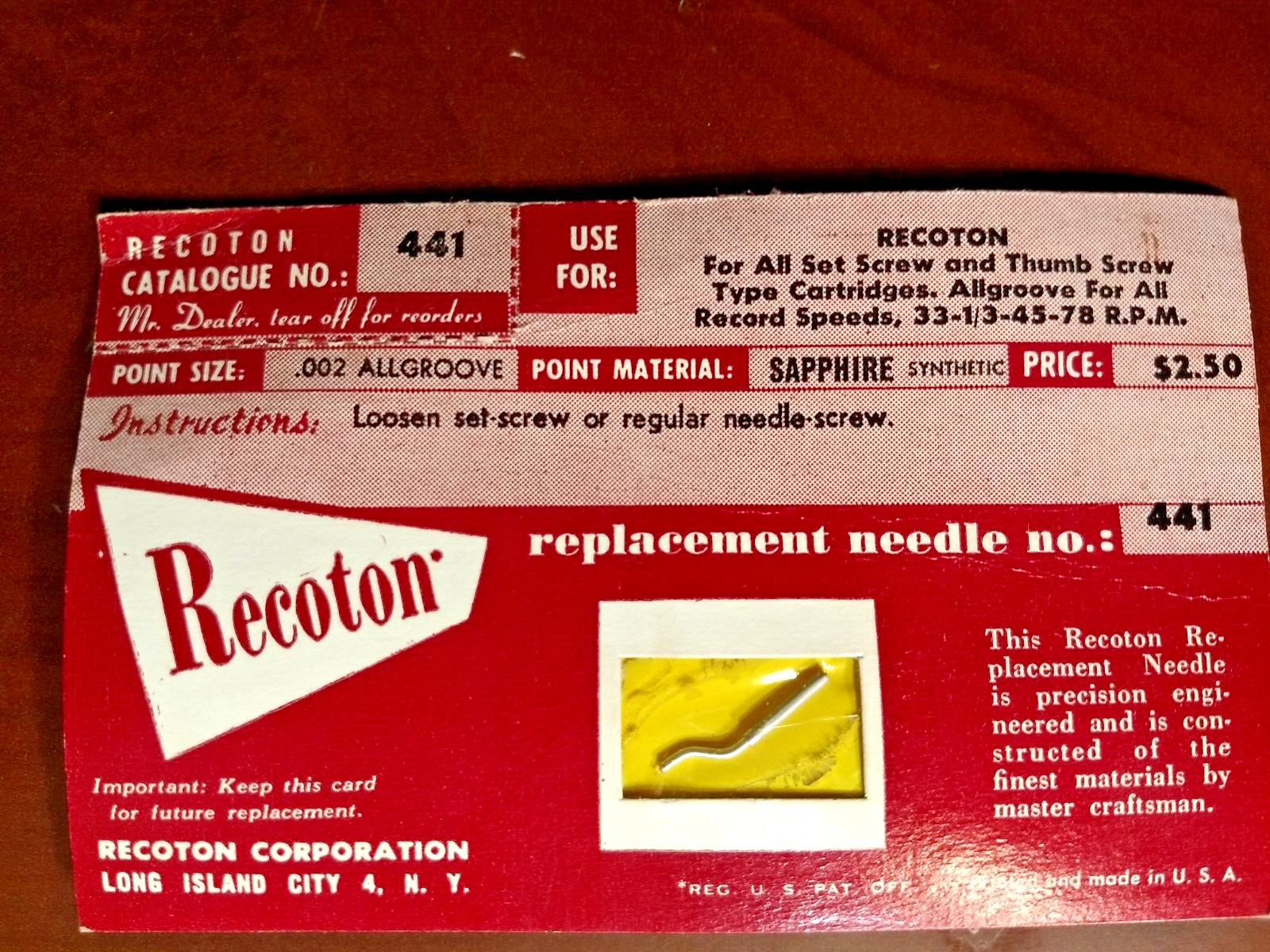 new NOS Recoton 441 Needle .002 Microgroove SAPPHIRE FITS ASTATIC RECOTON