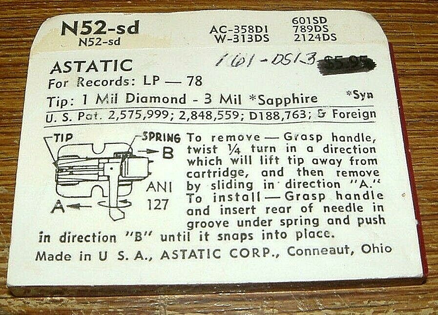 Diamond Record NEEDLE 161-DS77 for ASTATIC N52-sd N53 in 445 447, EV2124DS A96SD